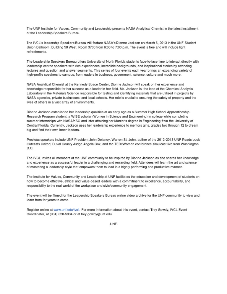 Press Release Re Leadership Speakers Bureau Featuring Dionne Jackson