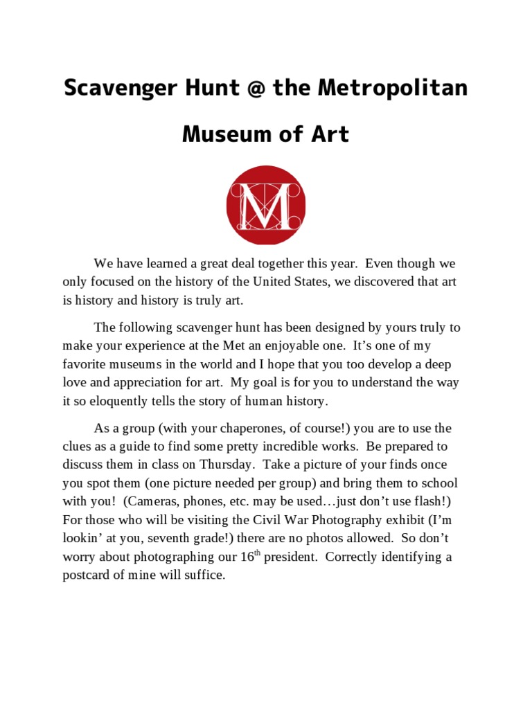 Metropolitan Museum of Art Scavenger Hunt for Grade 7 | Digital