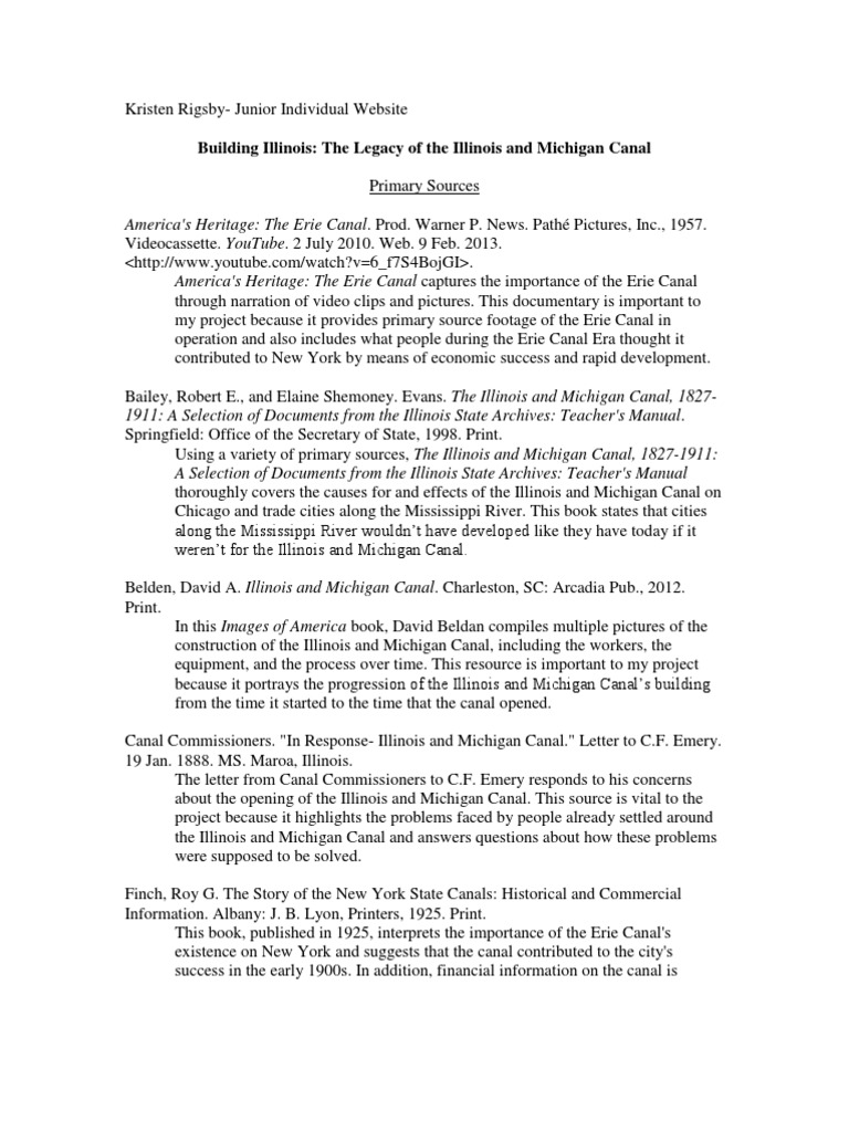 The Illinois and Michigan Canal History Fair Resource List PDF