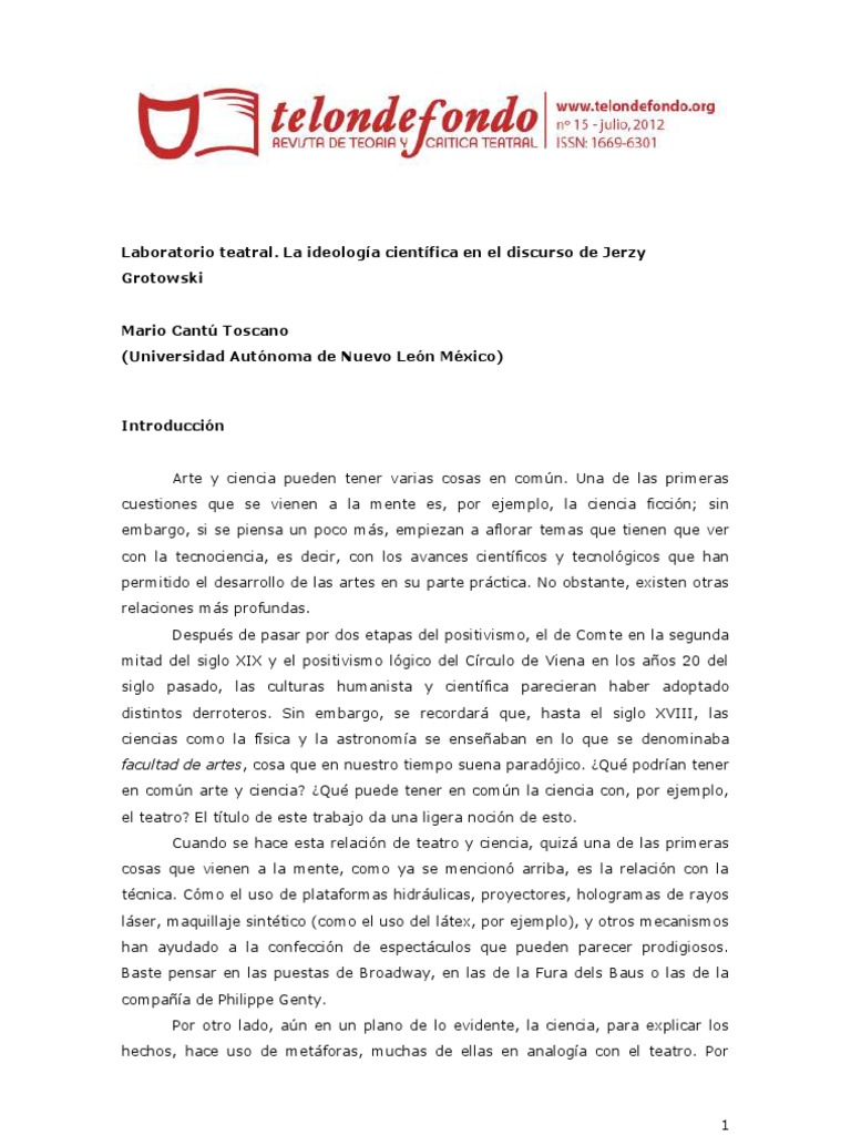 Laboratorio Teatral La Ideologia Cientifica en El Discurso de Jerzy Grotowski PDF Science