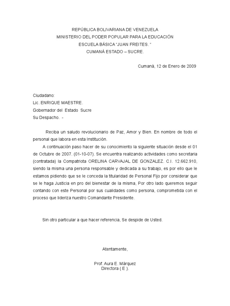 Carta Dirigida Al Gobernador