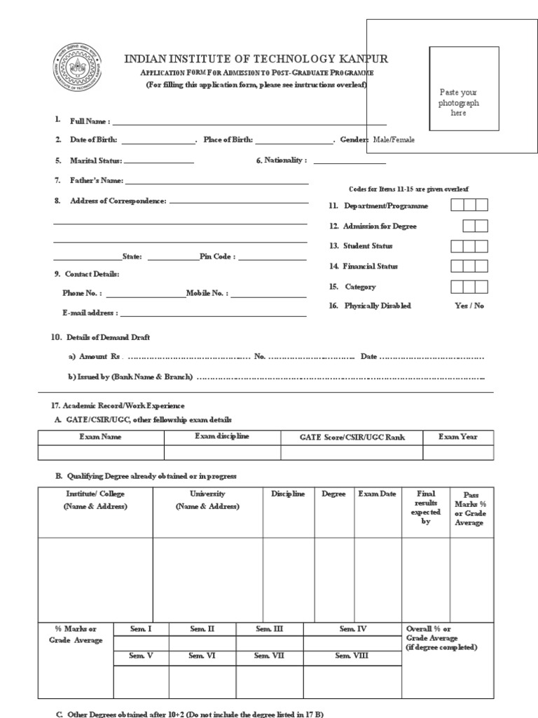 IIT Kanpur Post-Graduate Admission Form | PDF | Academia | Students