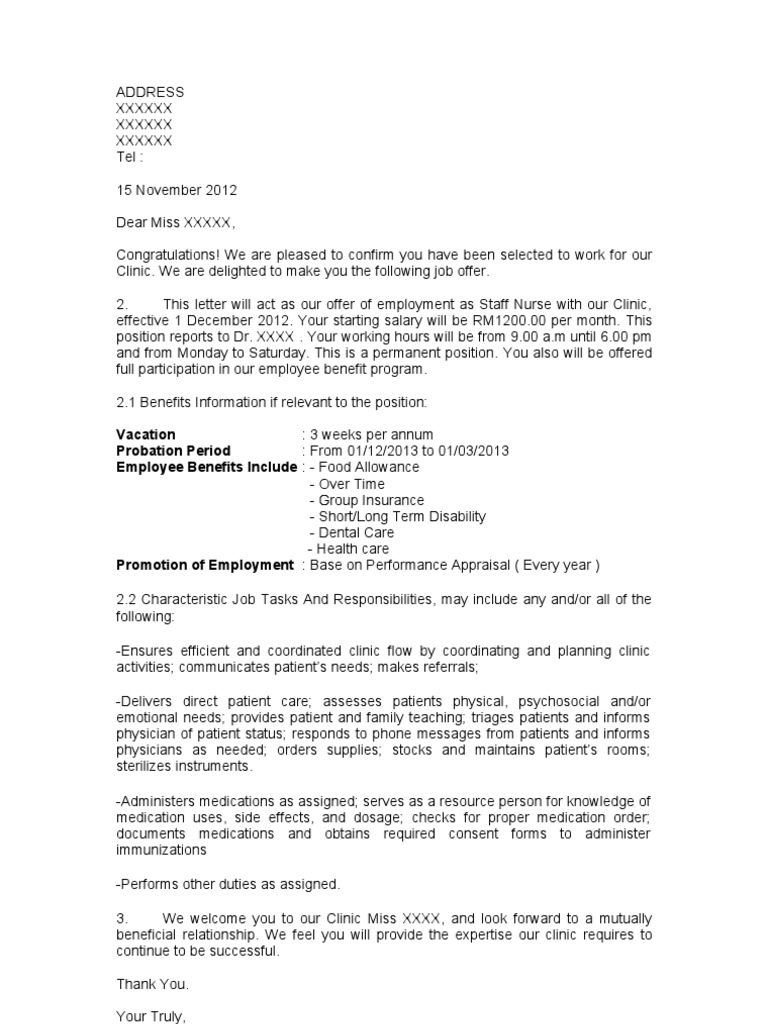 Sample of offer letter for staff nurse