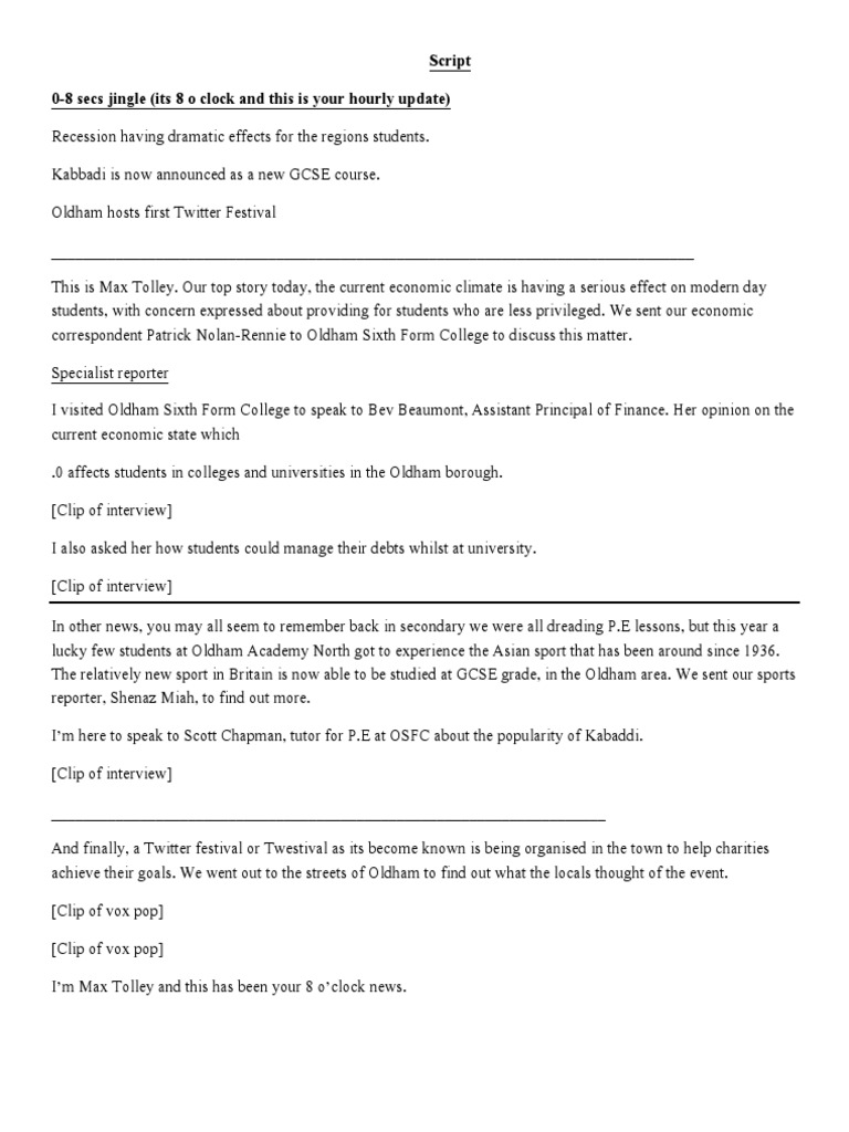 Script 0-8 Secs Jingle (Its 8 o Clock and This Is Your Hourly Update) | PDF