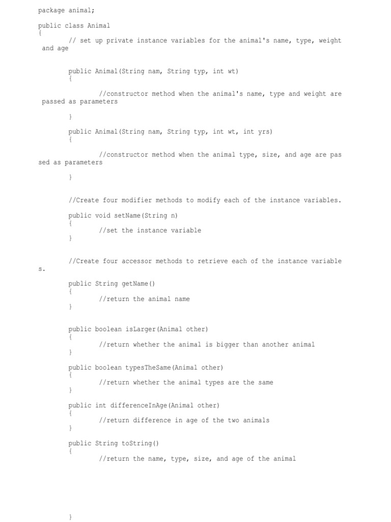 Animal Java Class Outline PDF Method Programming