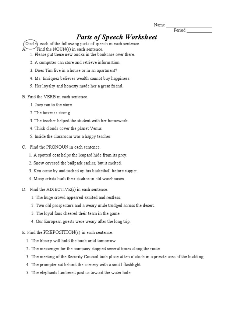 parts of speech worksheet