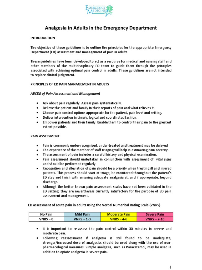 Analgesia in The Emergency Department - IAEM Clinical Guideline | PDF ...