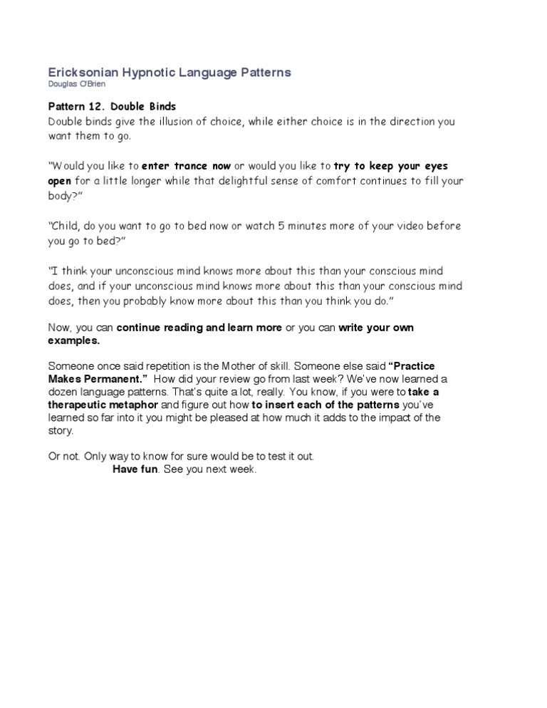 Ericksonian Hypnotic Language Patterns Douglas O Brien Pdf