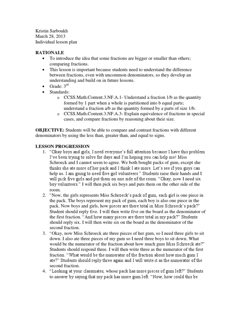 Lesson Plan 1- Comparing Fractions | Fraction (Mathematics) | Understanding