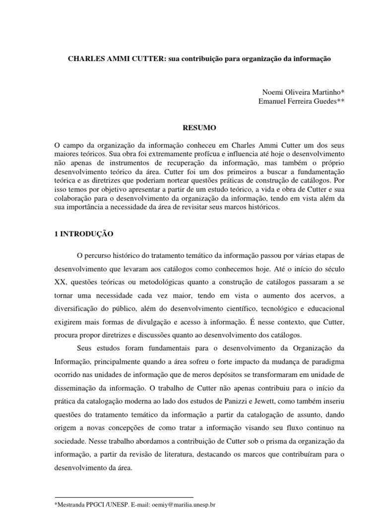 Charles Ammi Cutter Sua Contribuição para Organização Da Informação
