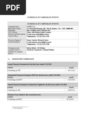 2013 Calendar of Corporate Events