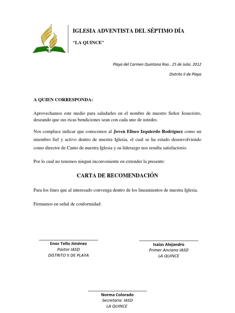 Carta de recomendación para colegio religioso