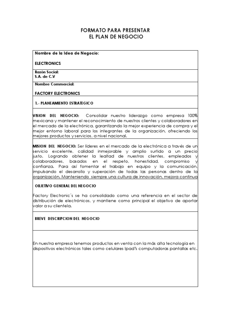 Formato Plan de Negocio  Precios  Mercado (economía)