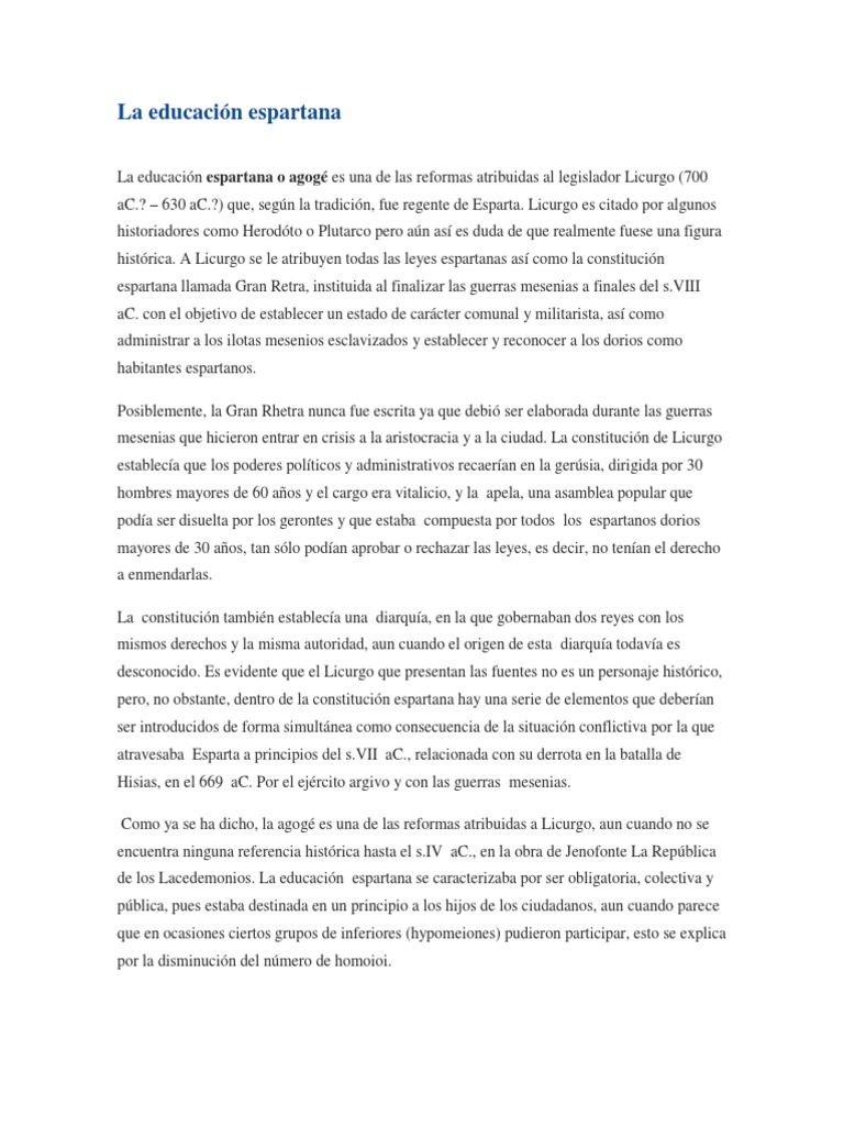 La Educación Espartana | PDF | Esparta | Antigua Grecia