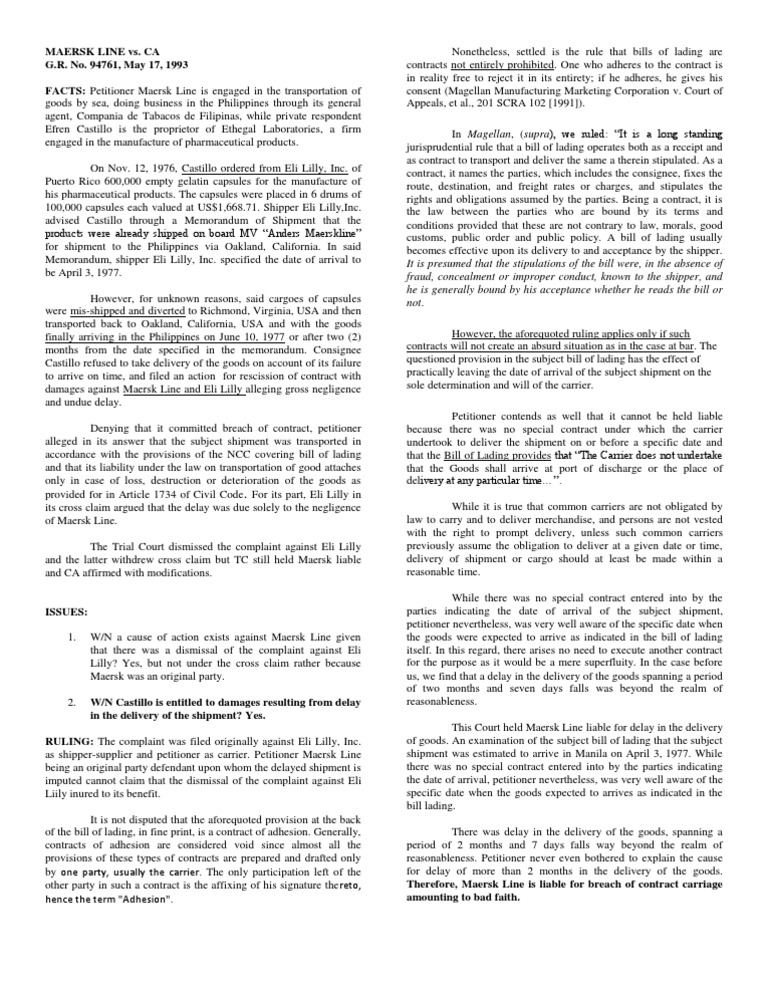 Maersk Line Vs CA Digest Bill Of Lading Cargo