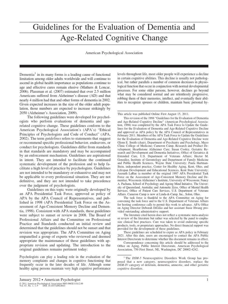 Guidelines for Testing in Dementia Dementia Psychological Evaluation