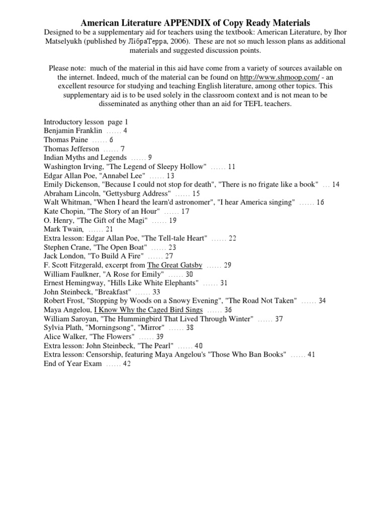American Literature Teaching Appendix | PDF | Natural And Legal Rights