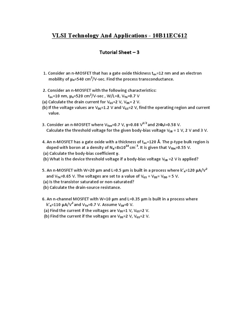 Tutorial Sheet 3 Field Effect Transistor Electronic Engineering
