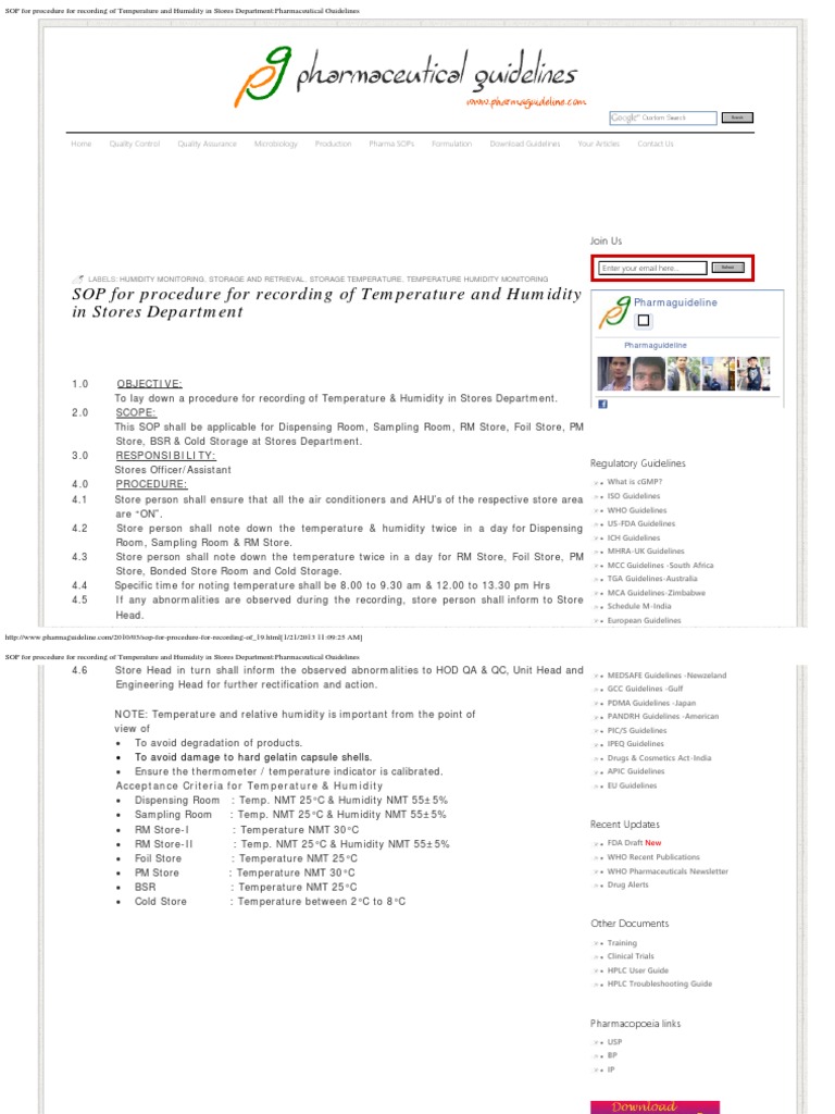 SOP For Procedure For Recording of Temperature and Humidity in Stores ...