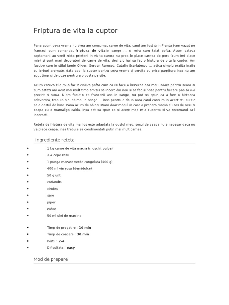 Friptura De Vita La Cuptor