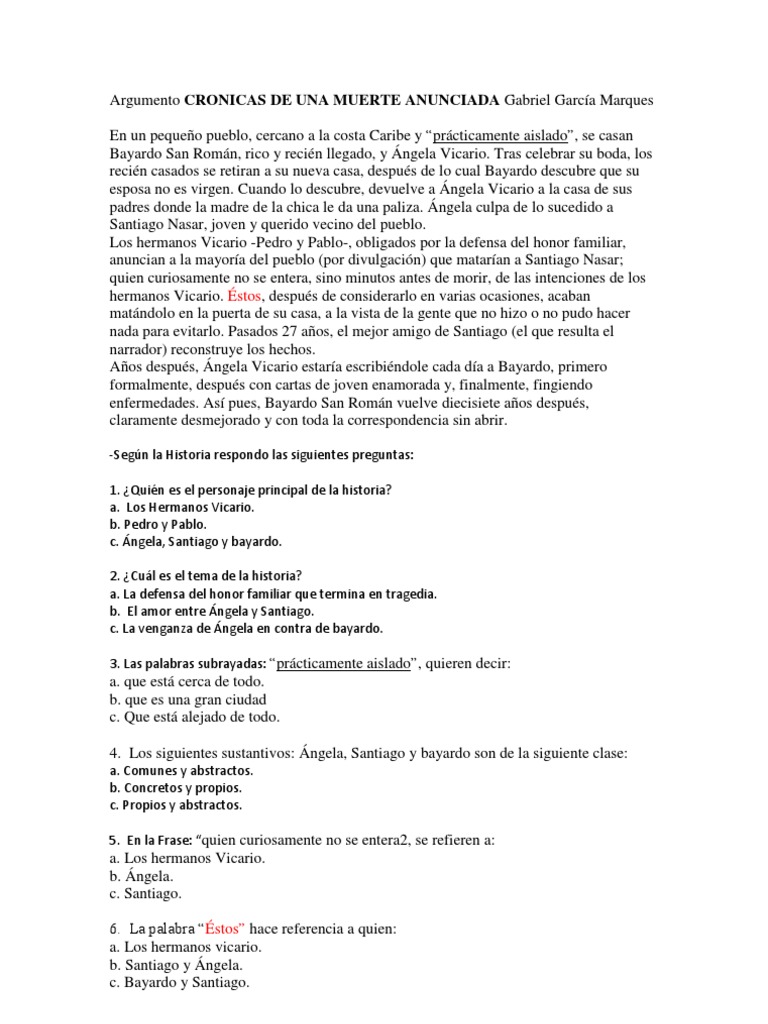 Argumento De La Obra Cronica De Una Muerte Anunciada Argumento CRONICAS DE UNA MUERTE ANUNCIADA Gabriel García Marques | PDF