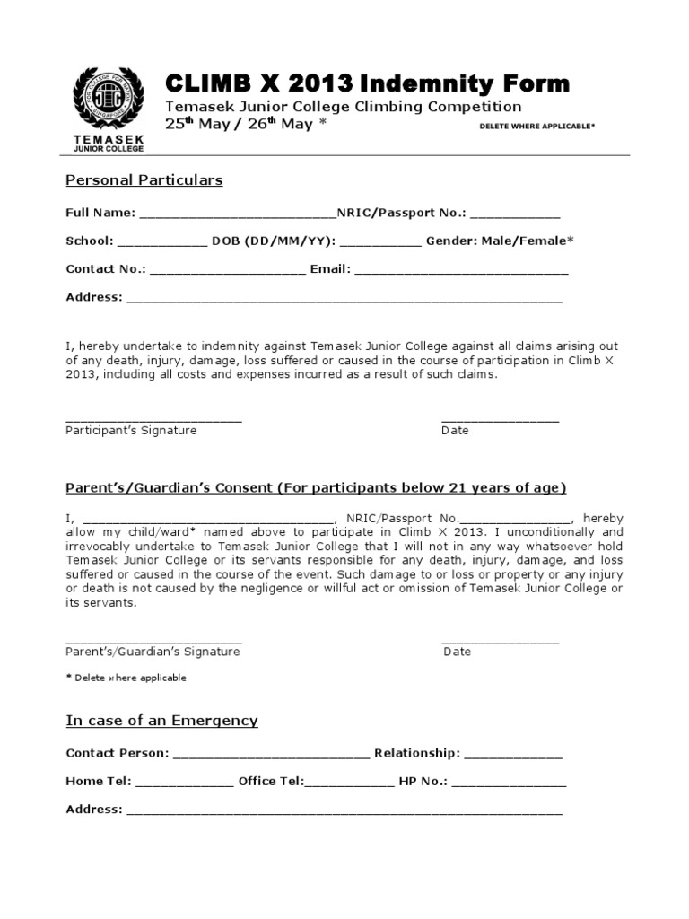 Climb X 2013 Indemnity Form | PDF
