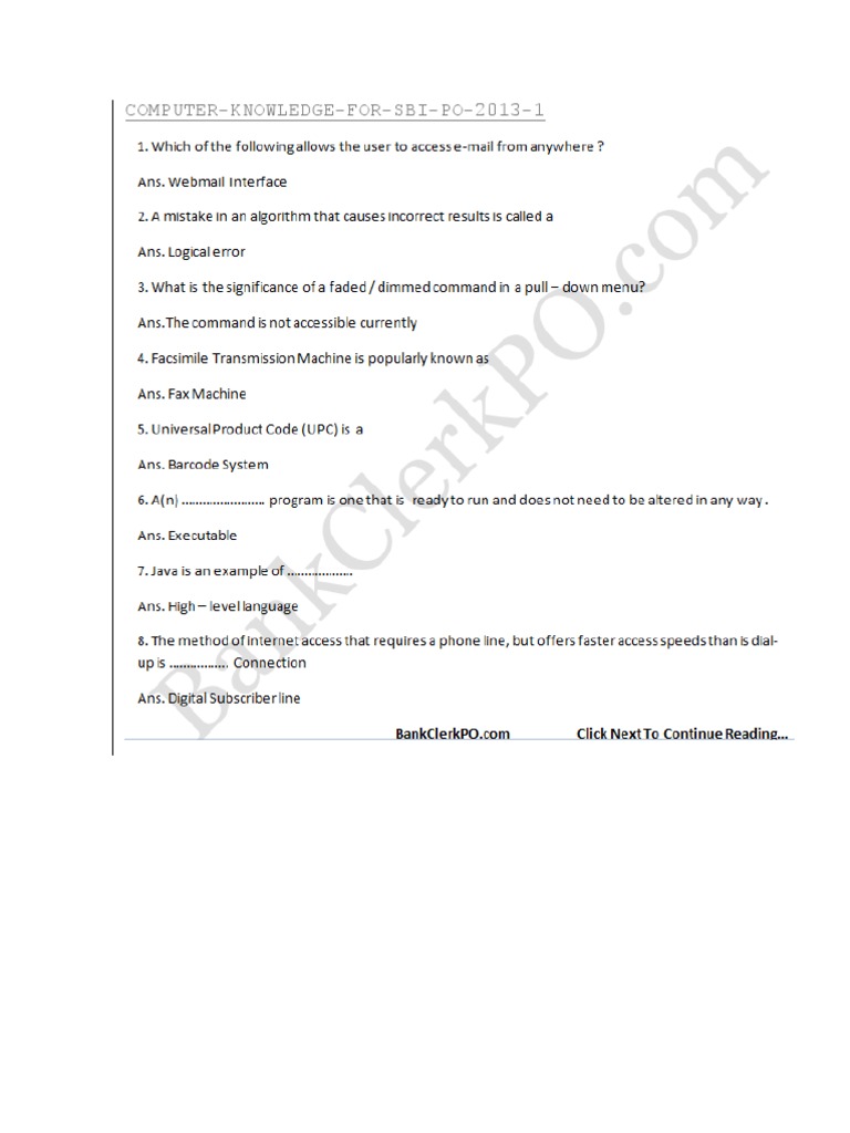 SBI PO 2013 Computer Knowledge Q&A | PDF | Teaching Methods & Materials ...