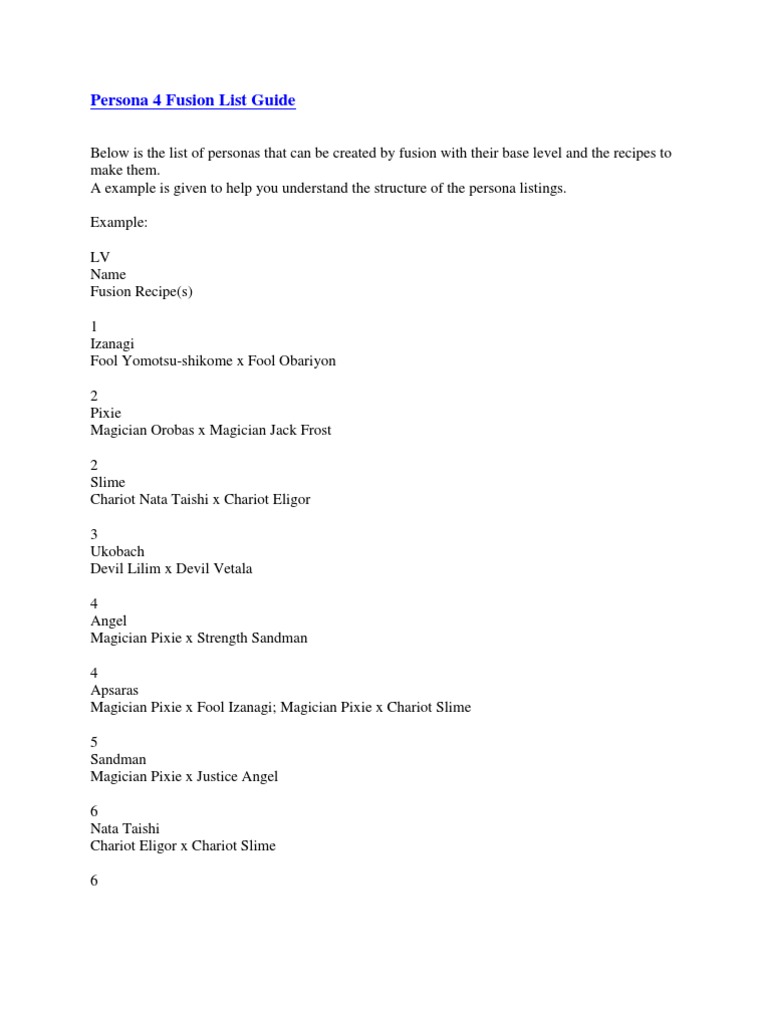 Persona 4 Fusion List Guide docx