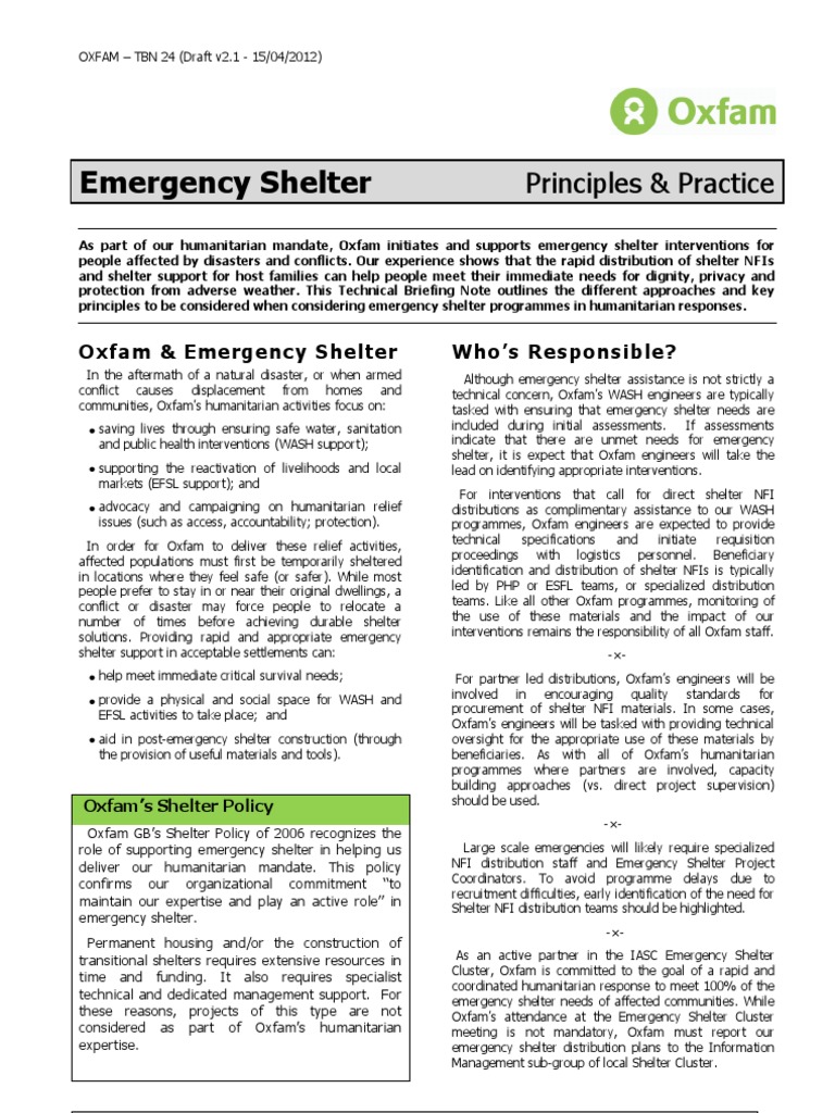 Emergency Shelter Principles and Practice PDF Oxfam Humanitarian Aid