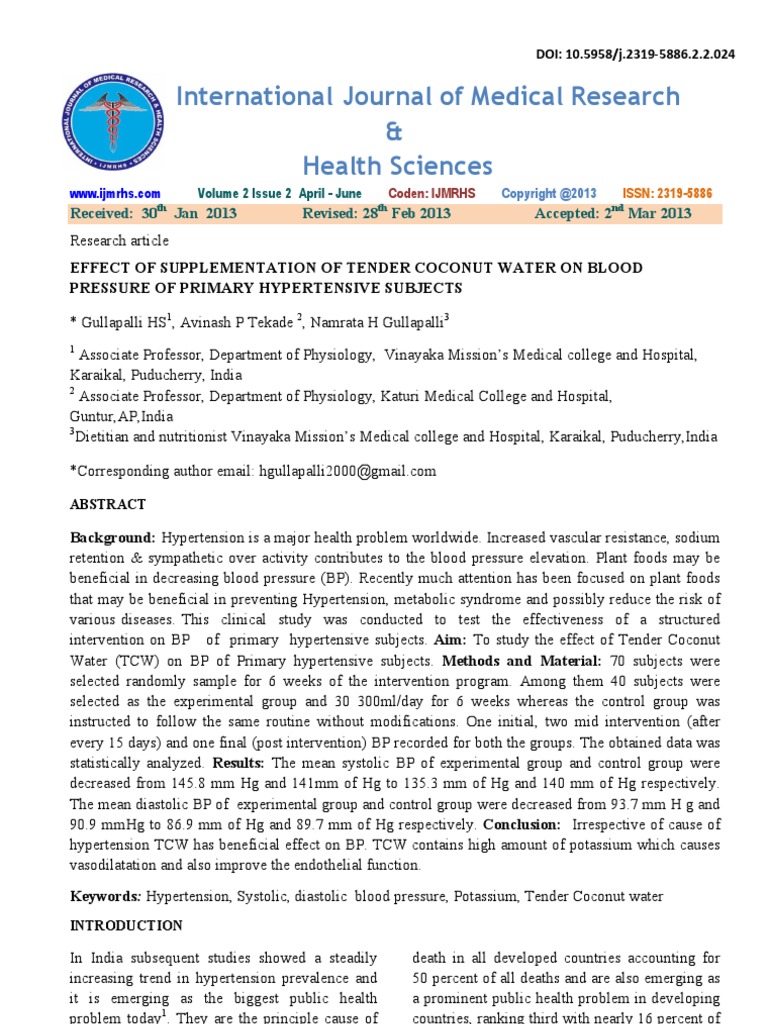 1.8 Effect of Supplementation of Tender Coconut Water On Blood Pressure