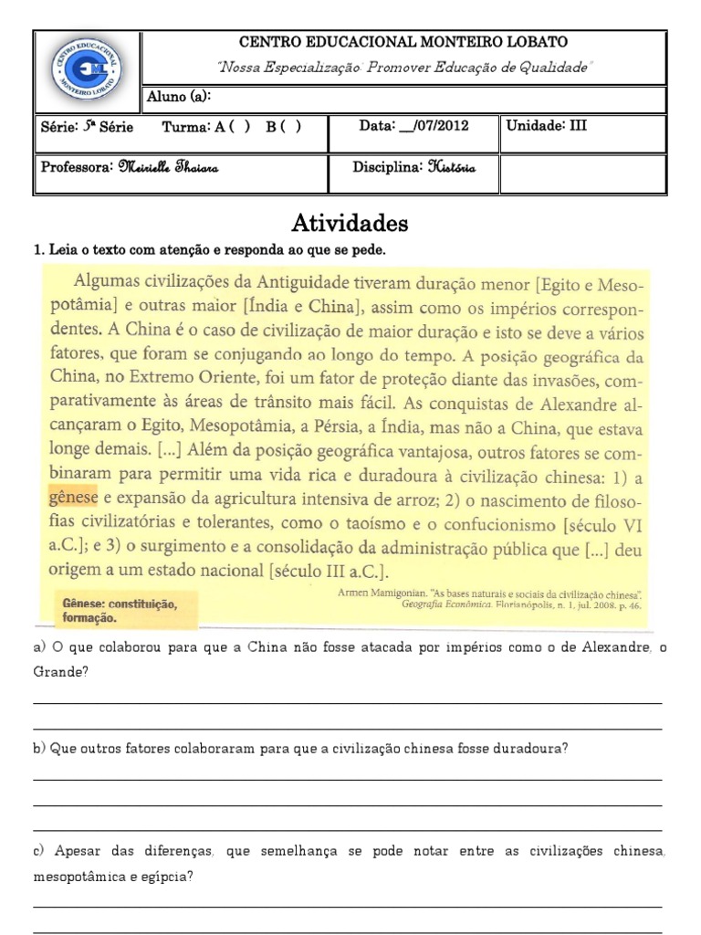 Avaliação De Historia 7 Ano China E Japão