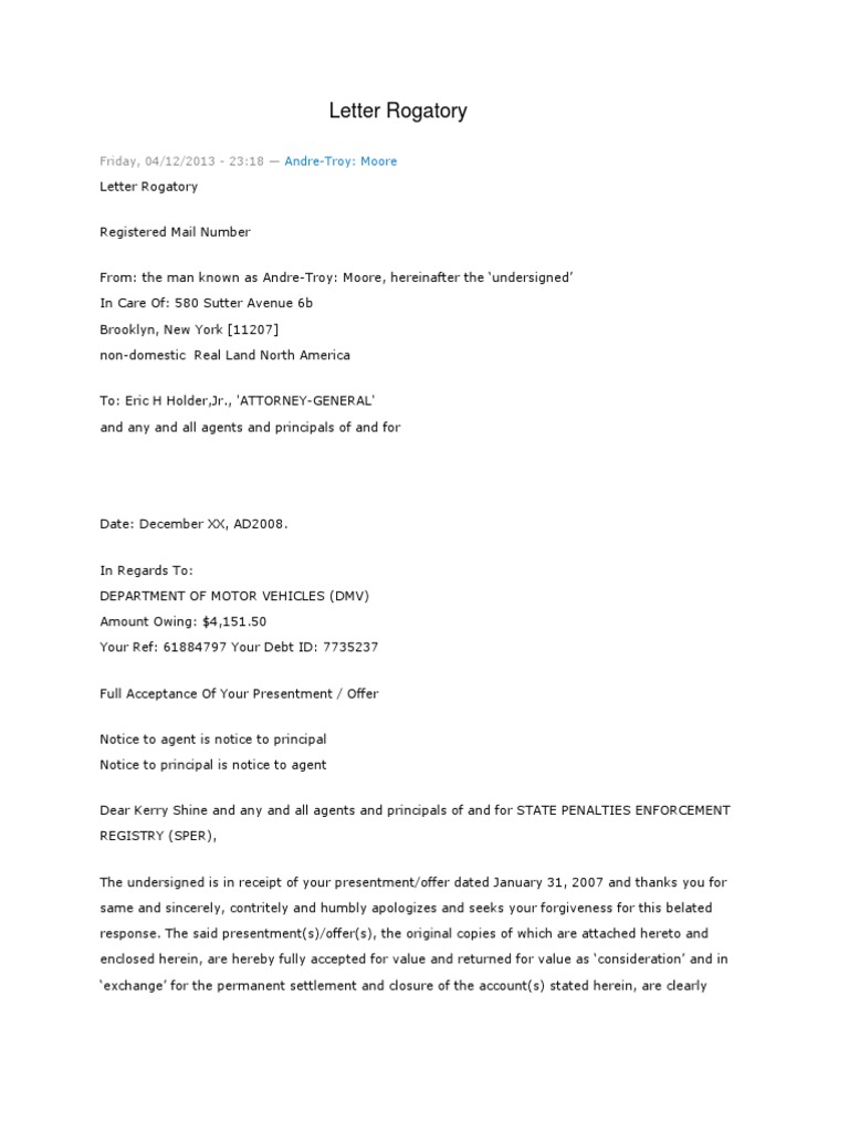 Letter Rogatory Negotiable Instrument Debtor