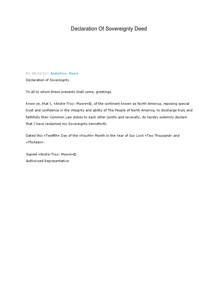 Declaration of Sovereignty Deed PDF Government Information Common Law