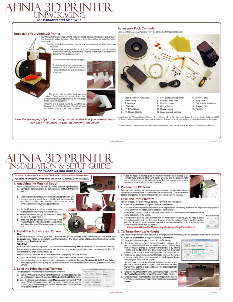 Afinia 3D Printer Quick Start Guide11 Installation Programs) 3 D Printing