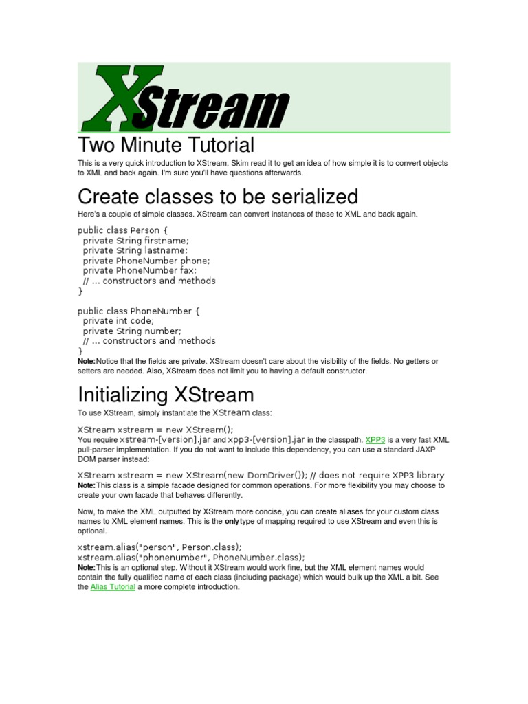 Quick XStream Serialization Guide | PDF | Constructor (Object Oriented ...