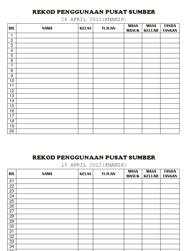 Rekod Penggunaan Pusat Sumber Sekolah | PDF | Teknologi & Rekayasa