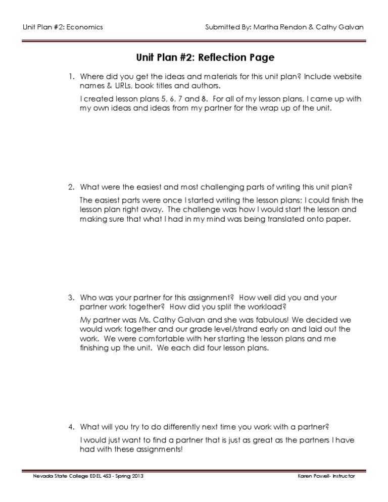 Economics Unit Plan Reflection | PDF | Wellness