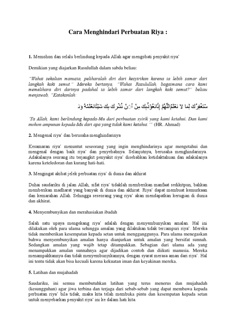 Cara Menghindari Perbuatan Riya | Pdf