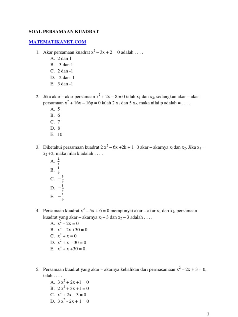 Kumpulan Soal Persamaan Kuadrat Kelas 9