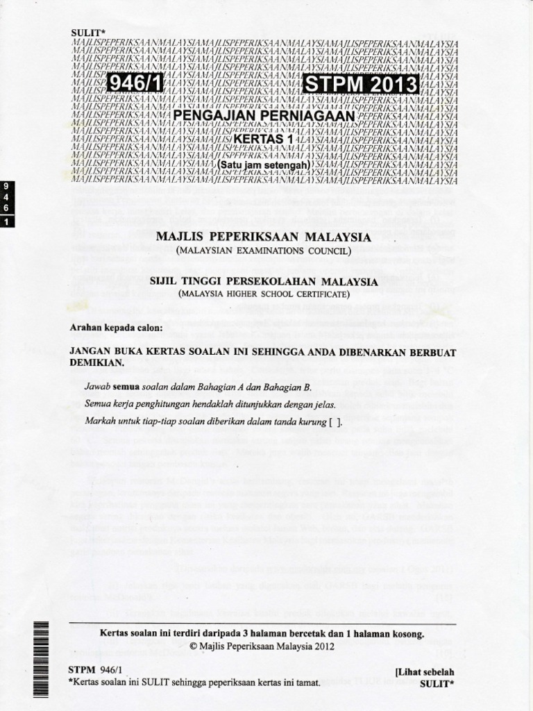 pergajian perniagaan kertas stpm benar penggal 1 serta cadangan jawapan