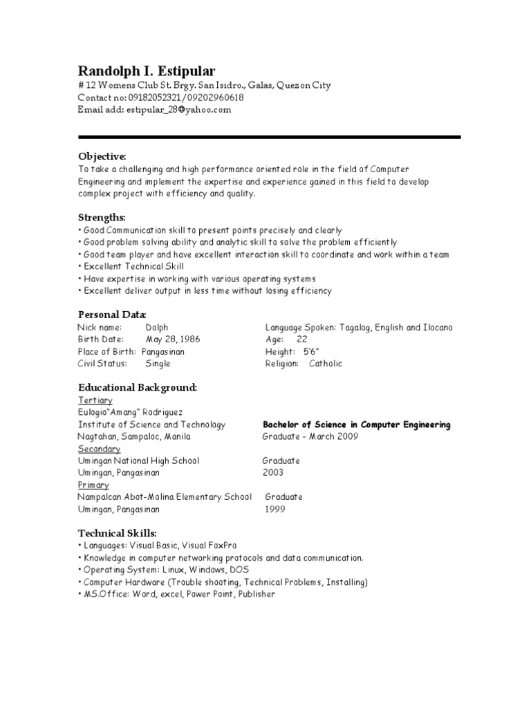Computer Engineering Resume of Randolph Estipular | PDF | Career ...