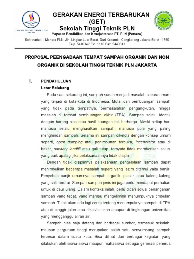 Proposal Peengadaan Tempat Sampah Organik Dan Non Organik Di Sekolah Tinggi Teknik Pln Jakarta
