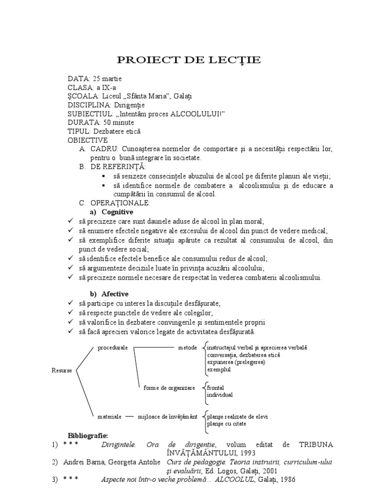 Proiect De Lectie La Dirigentie Alcoolul