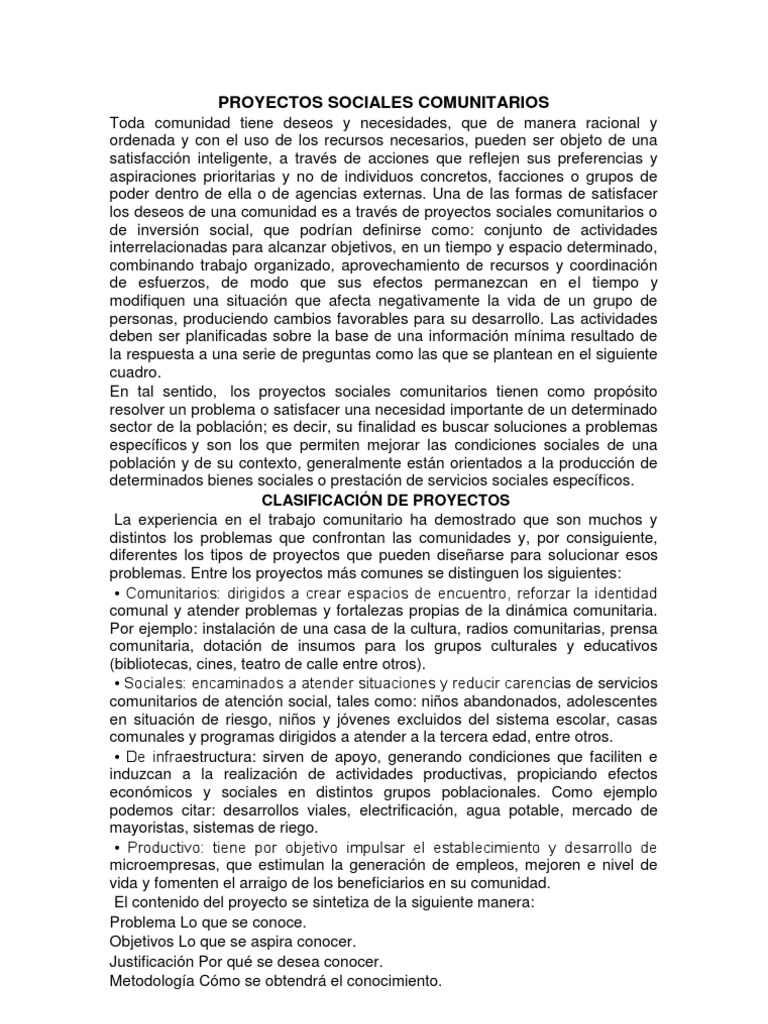 Proyectos Sociales Comunitarios | PDF | Comunidad | Trabajo Social