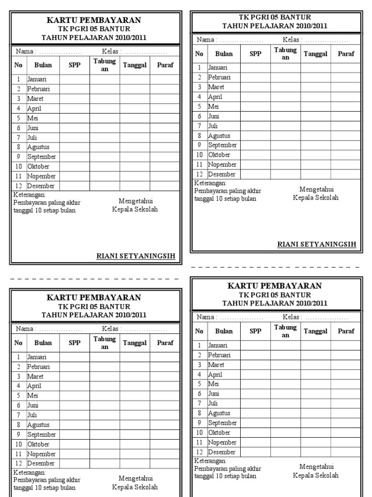 Contoh Kartu Pembayaran Spp Tk
