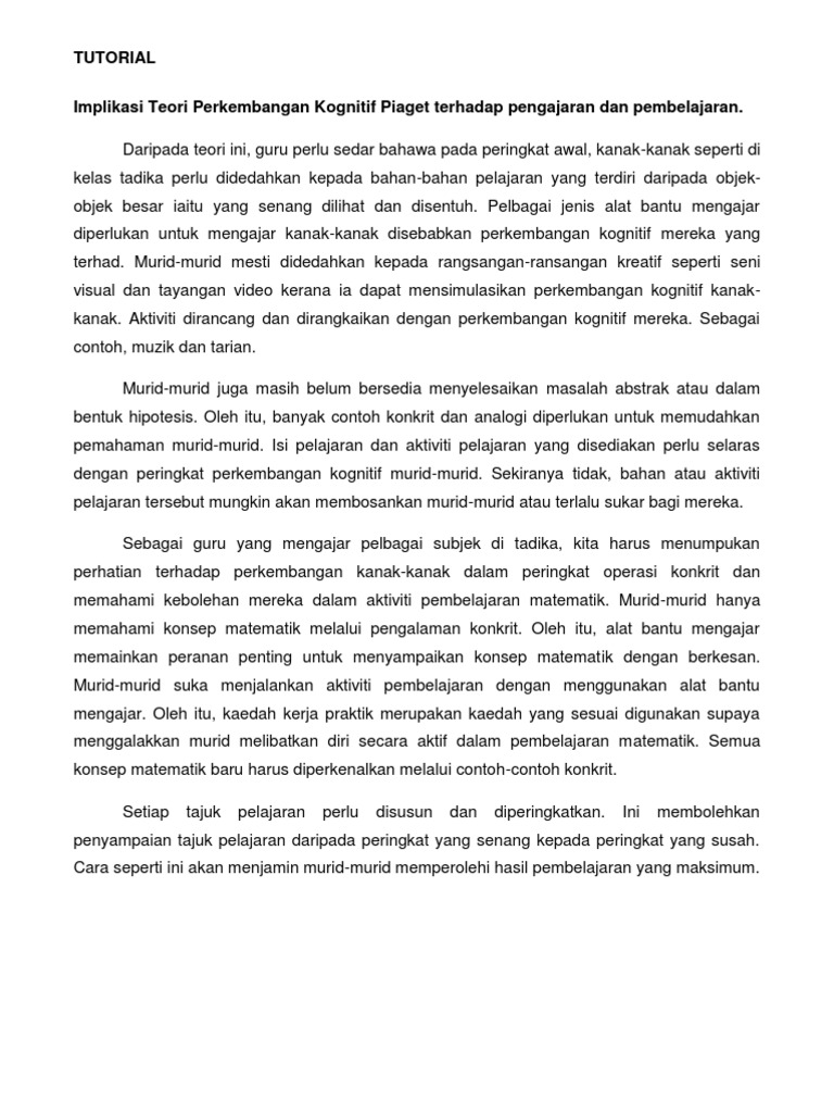 Implikasi Teori Perkembangan Kognitif Piaget Terhadap Pengajaran Dan Pembelajaran Pdf