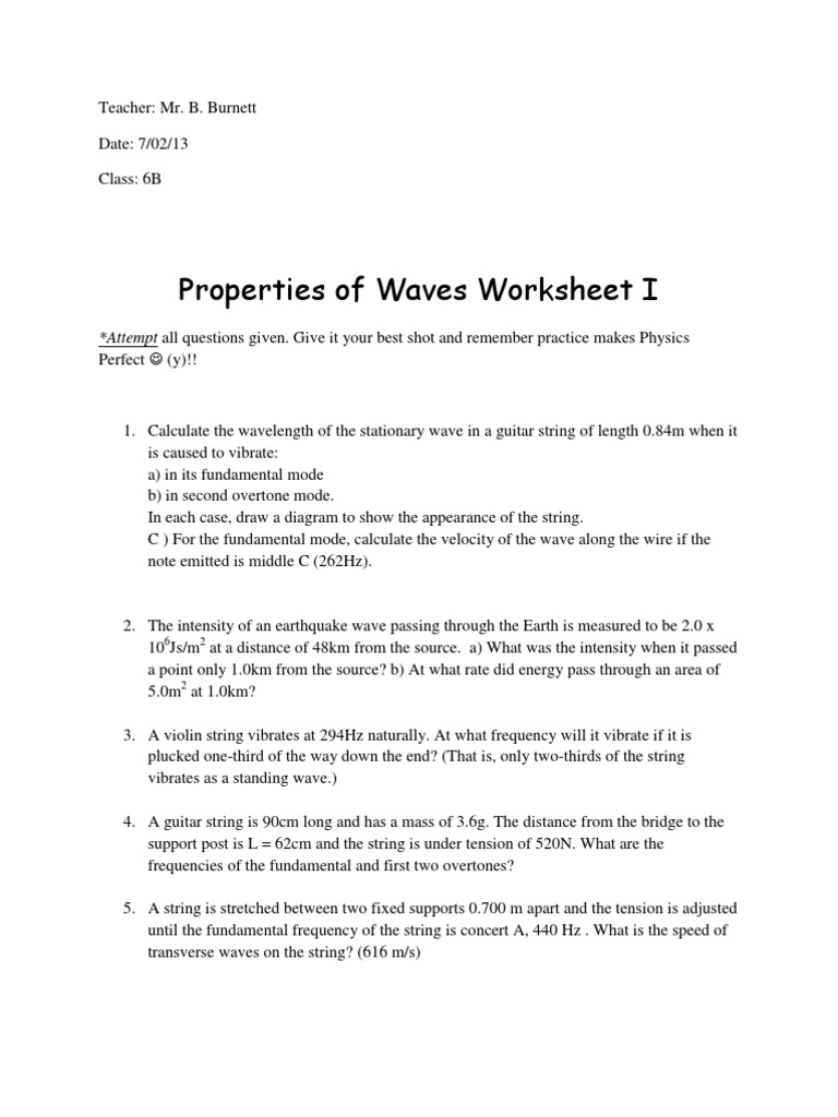 Properties of Waves Worksheet | Waves | Frequency