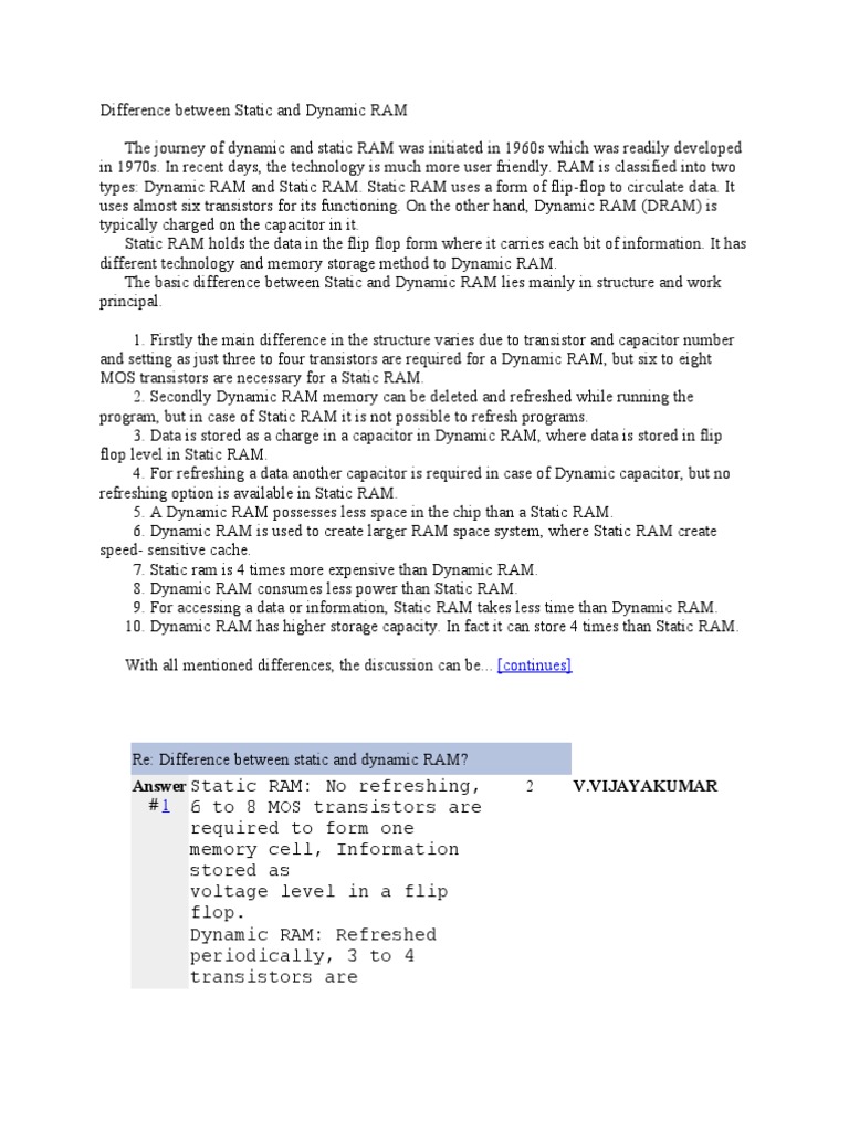 Difference Between Static and Dynamic RAM | PDF | Dynamic Random Access ...