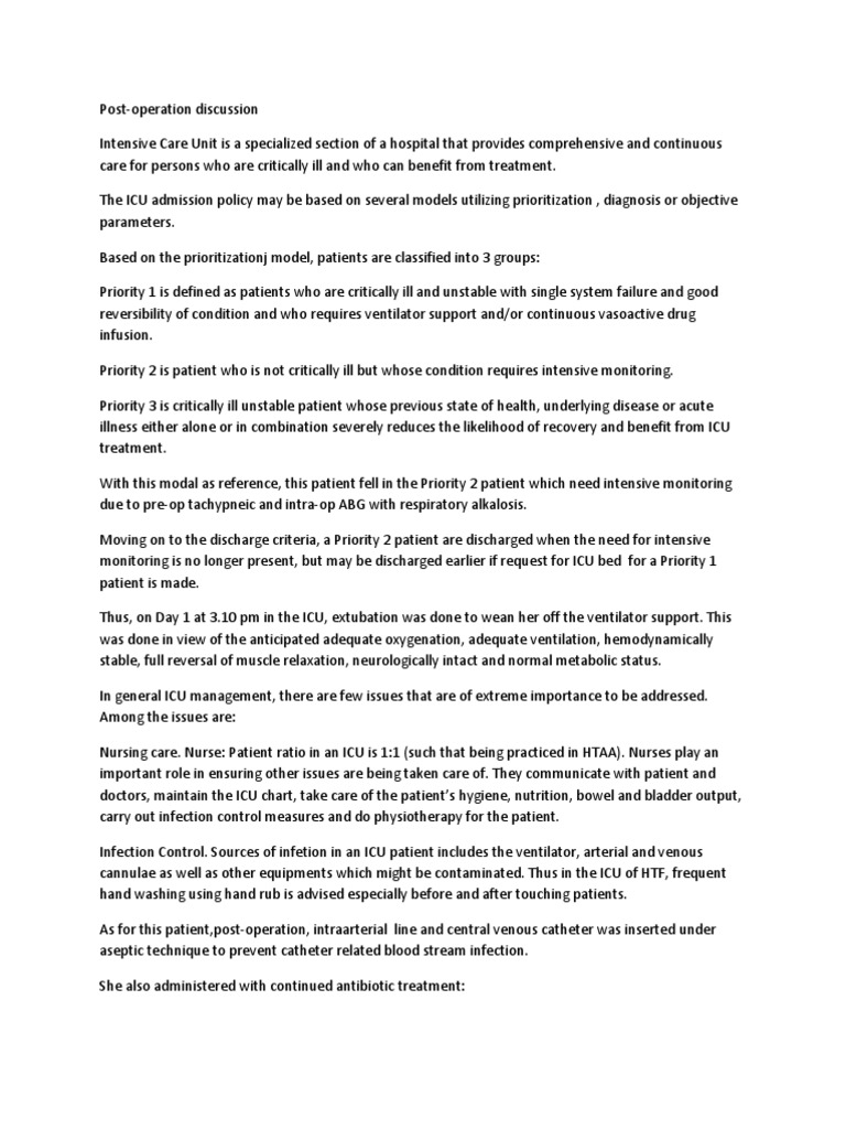 Post Op Discussion Intensive Care Medicine Intensive - 