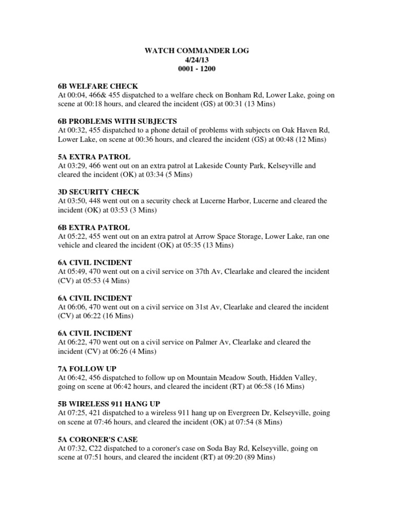 Daily Police Activity Log 4/24/13 | PDF | Emergency Services | Practice ...